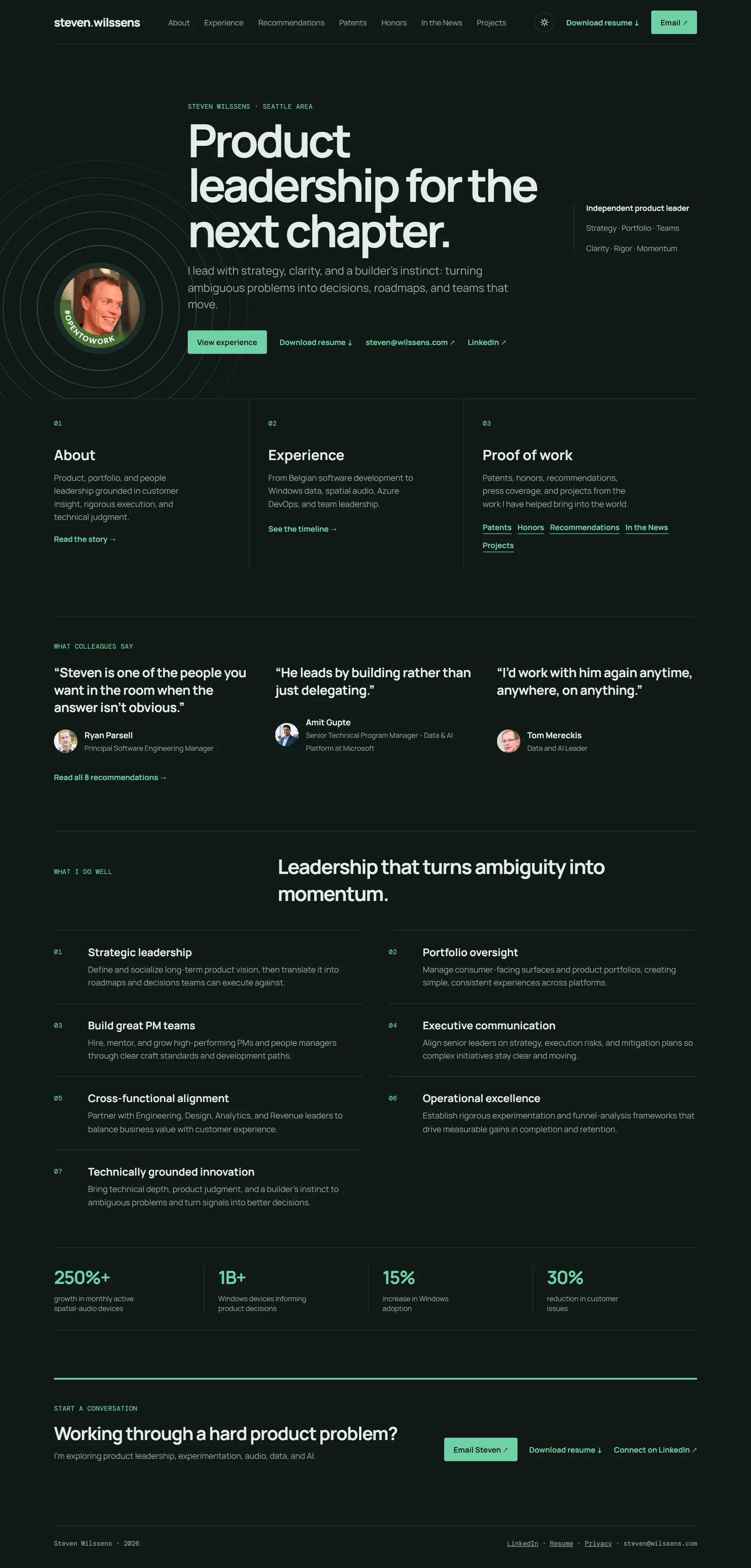 The steven.wilssens.com home page: a dark green design with the headline “Product leadership for the next chapter.”